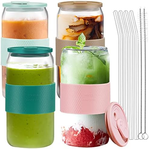 Vozoka Glass Cups with Silicone Lid and Glass Straws, 4 Set -16oz Drinking Glasses with Colorful Silicone Lids and Sleeve, Iced Coffee Tumbler, Smoothie Cups, Ideal for Water, Soda, Coffee, Gift…
