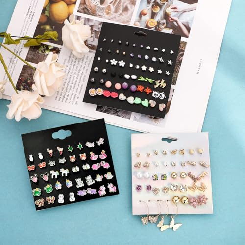 Image of NEWITIN 100 Pairs Colorful Cute Earrings for Girls Sensitive Ears Hypoallergenic Girl Stud Earrings Set Stainless Steel Cartoon Stud for Girls and Women
