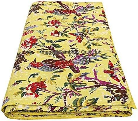 Queen/Twin/King Handmade Kantha Yellow Bird Home Decor Bed Bohemian Bird Queen Bedspread Handcrafted Handmade Quilt Kantha Bird Print Cover Unique Blanket Bedding Quilt (60X90 inch)