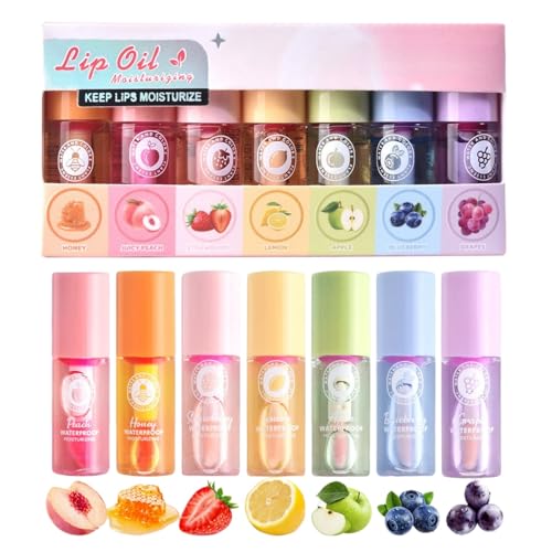 7PCS Lip Oil Set Hydrating Magic Colour Changing Lip Balm & Long Lasting Lip Gloss Kit Clear Tinted Lipstick & Lip Care Multipack for Women Colour Changing Lipstick Non-Sticky Gloss Fruit-Flavored