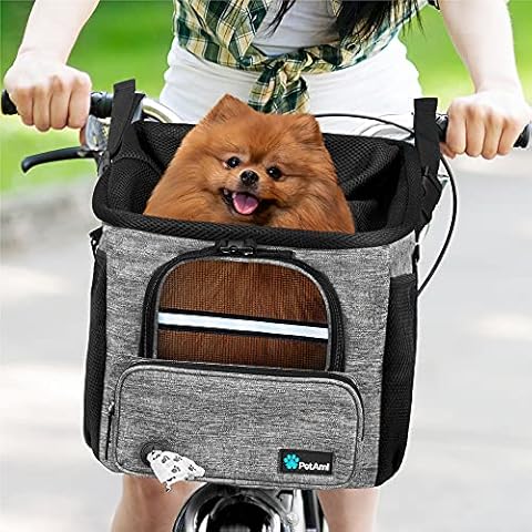 PetAmi Dog Bike Basket Carrier - Bicycle Basket for Dog Pet Bike Handlebar | Ventilated Pet Travel Backpack Car Booster Seat for Small Puppy Cat with Mesh Window Soft Sherpa Bed Safety Strap (Gray) Cover