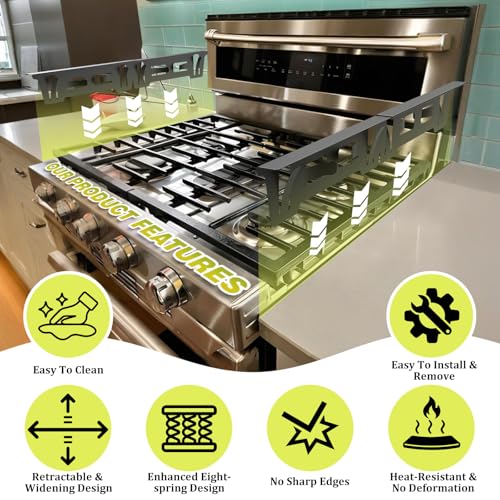 Image of Stove Gap Covers Stainless Steel, Stove Gap Filler Range Trim Kit, Oven Gap Filler for Stove and Counter, Heat-Resistant Stove Gap Guards, Easy Retractable Length 13.8 inch to 27.6 inch, Width 1 inch, Black(2PCS)