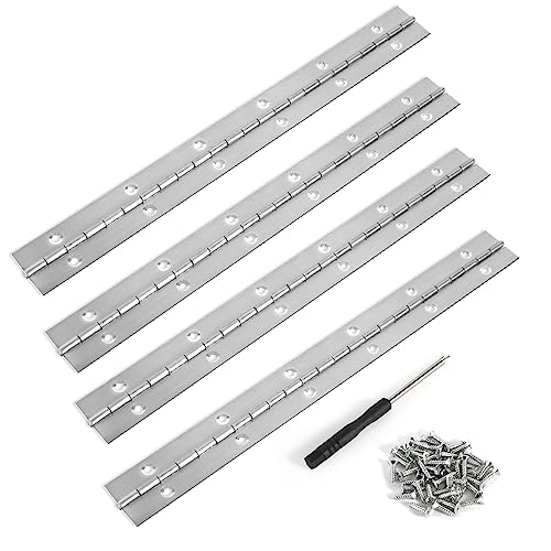 Piano Hinge 12 Inch 4Pcs Continuous Stainless Steel Hinge with 48 Screws Silver Heavy Duty Polished Piano Hinges with Holes Piano Hinges for Pianos Cabinet Doors Large Windows Boats
