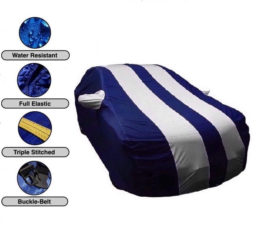 Image of Carigiri White and Navy Blue Car Body Cover for Renault Kwid(Triple Stitched,Mirror Pockets,UV Resistant,Dustproof)(Models-2015, 2016, 2017, 2018, 2019, 2020, 2021,2022)