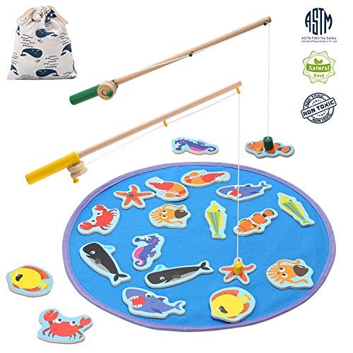 TEPSMIGO Magnetic Wooden Fishing Pole Game for Kids, Educational Go Fish Gaming Gift Toy with 20 Ocean Animals and 2 Rods for Toddler Boys Girls Age 3+ - Thumbnail 2