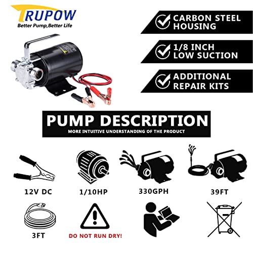 Image of Trupow DC 12-Volt 1 /10HP 330GPH Battery Powered Mini Portable Electric Utility Sump Transfer Water Pump with Water Hose Kit Black