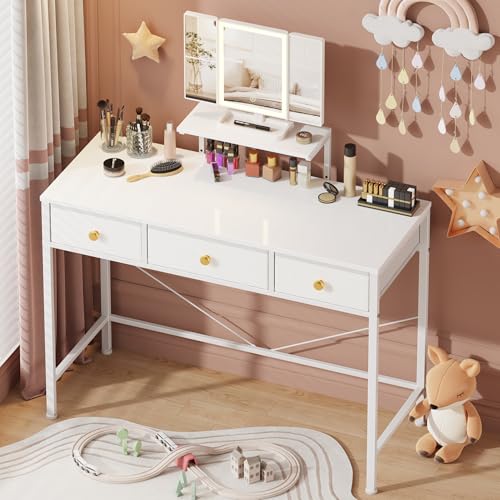 Image of HIGDBFE Small Makeup Vanity Desk 40''W with Mirror and Lights, 3 Drawers | USB Lighted Mirror, Height-Adjustable Stand, Fabric Drawers, Girls /Kids Gifts, Bedroom, Small Space, Dorm, White