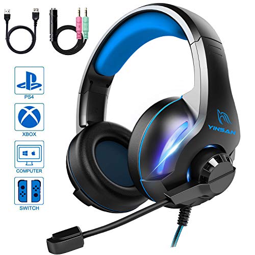 YINSAN Casque Gaming PS4, Casque Gamer Xbox One avec Micro Anti Bruit LED Lampe Stéréo Basse Contrôle du Volume Micro Réglable 3.5mm Connecteur Xbox One, PS4, PC, Laptop, Tablette, Smartphone (Bleu)