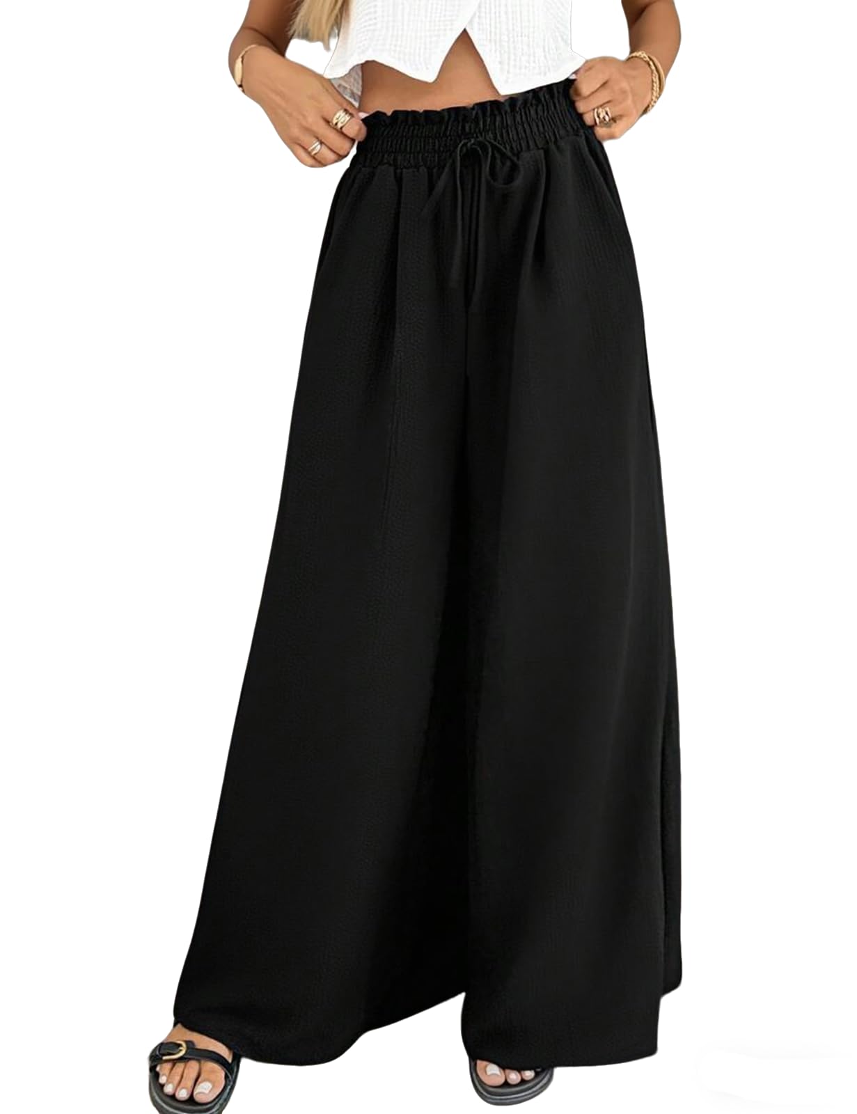 Womens Pants Wide Leg Pants Trendy Flowy Elastic Waist Casual Teacher Outfits Lounge Ladies