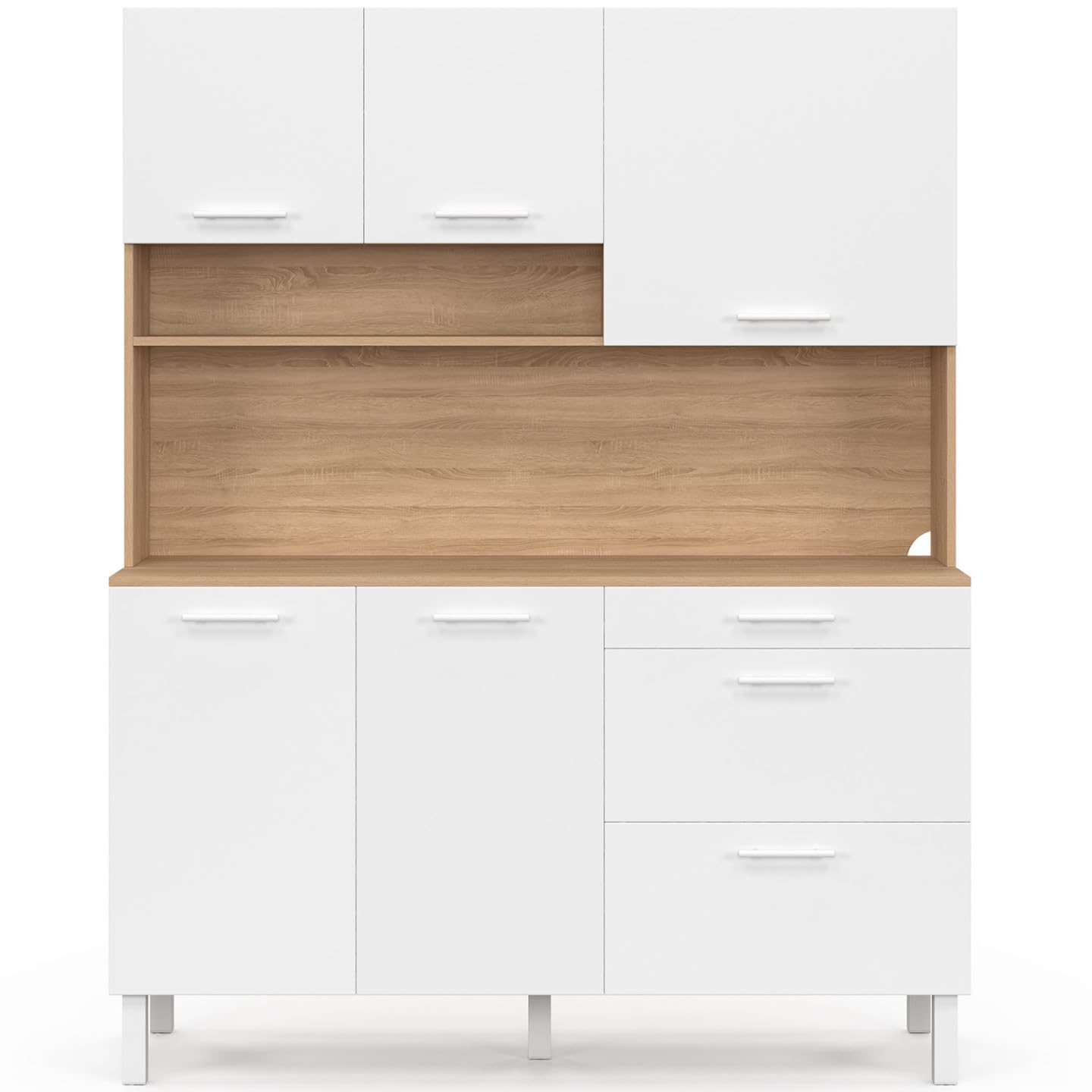 IDMarket - Küchenbuffet 140 cm CINA 5 Türen + 3 Schubladen in Buchenholzoptik und Weiß
