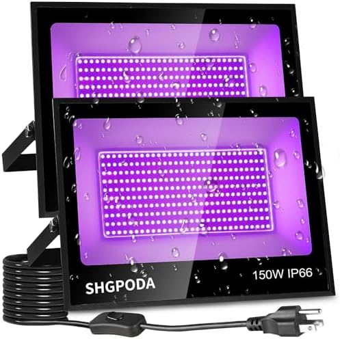 SHGPODA 150W Flood Blacklight 2 Pack with 10ft Cord Plug Switch, Light ...