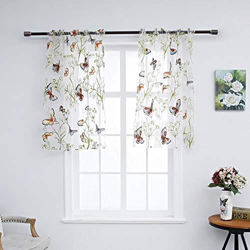 Wubodti Butterfly Sheer Kitchen Tie Up 2 Panels Curtains For Small Windows Tulle Floral Printed Half Window Curtain Sheer Voile Drapes Valance Short Window Treatments For Dining Room, 52W X 36L #TOP1