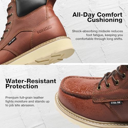 Image of NINGO Steel Toe Boots for Men, Non Slip Mens Moc Toe Boots with Water Resistant Full Grain Leather, EH Rated Oil Resistant Wedge Sole, Comfortable Safety Work Boot for Construction Industrial, Brown