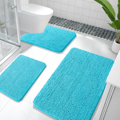 OLANLY Bathroom Rugs Sets 3 Piece, 36"x24"+24"x16"+24"x20", Aqua Sky