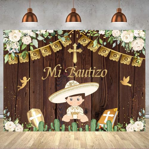 Fondo Fotográfico Mi Bautizo 8x6ft Blanco con Flores miniatura 1