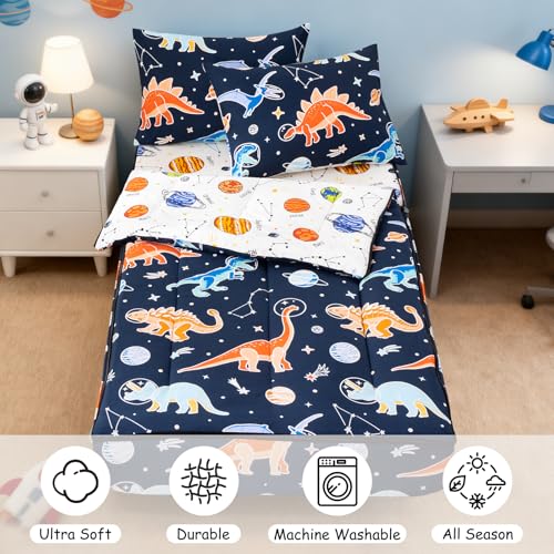 Image of Meeting Story Zipper Bedding Full Dinosaur Zip Up Bedding Set for Boys and Kids, 3 Pcs Comforter Bed in a Bag with Fitted Sheet and 2 Pcs Pillowcases(Navy,Full)