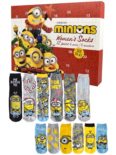 United Labels Calendario de Adviento Minions con 12 pares de calcetines para mujer, tamaño 35-41, calendario con zapatillas y calcetines largos, calendario de Navidad regalo