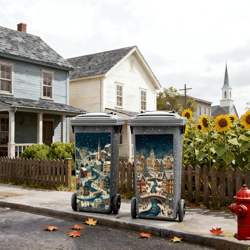 Image of 2 PC Trash Can Sticker 14.57 x 32.28 Inch Christmas Village Winter Town Vinyl Sticker with River Bridge Night Light and Snow House Pattern for Outdoor Garbage Bin Garden Yard Decor
