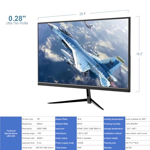 Image of Real HD 32 Inch FHD 1080P CCTV Security Monitor, Thin LED Screen Computer Monitor, 60Hz Refresh Rate with HDMI VGA BNC and Audio, Compatible with 4K, for Surveillance NVR /DVR System