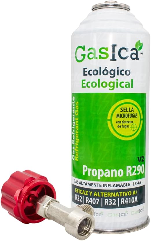Pack Gasica V2 Bombona Gas Refrigerante Orgánico Ecológico Sustituto R22, R407, R32, R410A Y R290 más llave de paso de perforación 1/2 hembra para envases Gasica