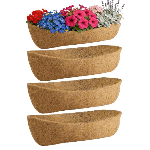 Image of 36in Arched Coco Liners for Window Planter Box - 4 Pack 100% Natural Coconut Coir Fiber Liner Replacement for Deck Flower Box, Garden Railing Fence Trough, Wall Planter Basket