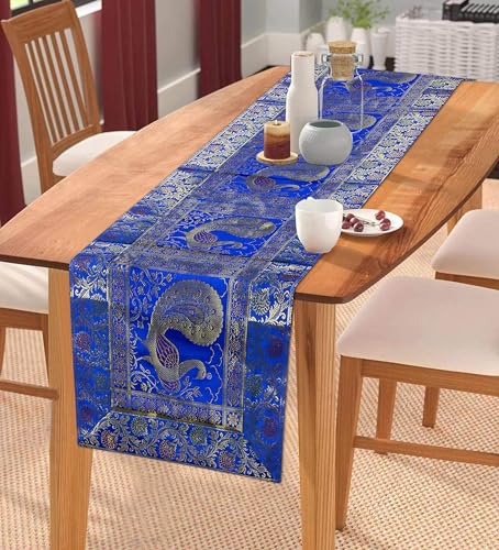 Image of Traditional Peacock Silk Table Runner, 60 x 16 Inch | Decorative Dining Table Runner for Home, Pooja, Wedding, Festivals & Housewarming (Turquoise Gold)