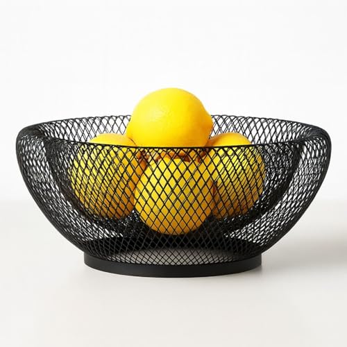 Image of Go Hooked Double-Layer Metal Mesh Fruit Bowl -12 Inch Durable & Stylish Iron Wire Basket, Keeps Fruits Fresh & Insect-Free, Perfect for Display Table, Dining Table, Room Desk Storage Basket - Black