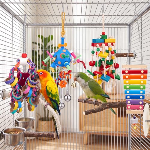 Image of Seenelling 4 Pcs Extra Large Bird Toys for Parrots, Ring and Ball | Multicolored Natural Wooden Blocks & Beads Bells, Bird Cage Chewing Toys for Large Medium Macaws African Grey Cockatoos