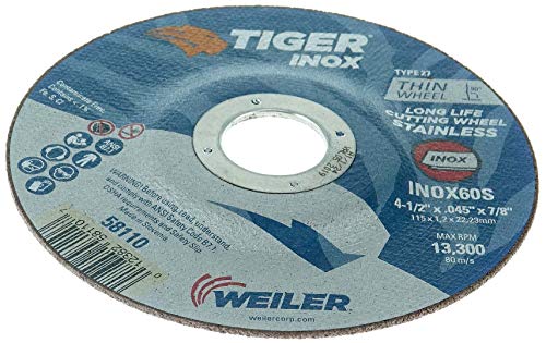 Image of Weiler 58110 4-1 /2 Inch Cutting Wheel, Tiger Inox Stainless Steel Contaminant-free High Performance Cutting, .045 inch INOX60S Type 27 7 /8 inch Arbor, Pack of 25