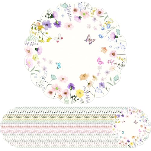 Lot de 50 sets de table jetables printaniers – Sets de table en papier aquarelle avec fleurs sauvages et papillons pour Pâques, fête des mères, pique-nique, brunch, mariage, décoration de table de