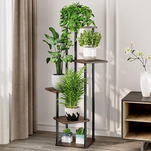 Image of JD FRESH 5 Tier Plant Stand /Metal & Premium Wood Flower Pot Stand for Multiple Plants Corner /Waterproof and Stable Tall Flower Holder for Indoor Living Room, Balcony and Garden Area (Black Oak)