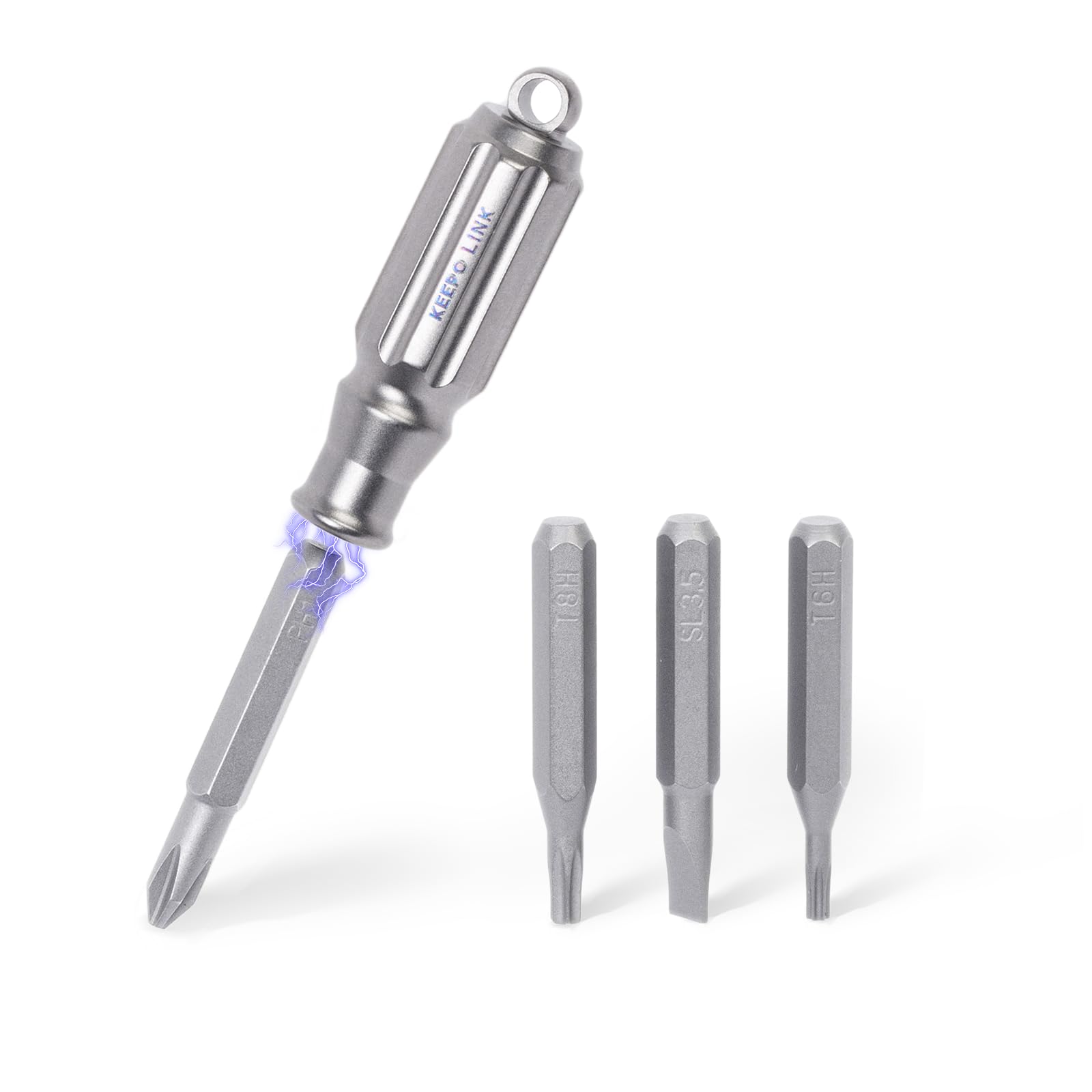 KEEPO LINK Small Screwdriver Set with 4 Magnetic Bits (PH1, SL3.5, T6H, T8H), Titanium Mini Torx Screwdriver Keychain, Precision Screwdriver Torx Bit Set for Everyday Carry (Gunmetal Grey)