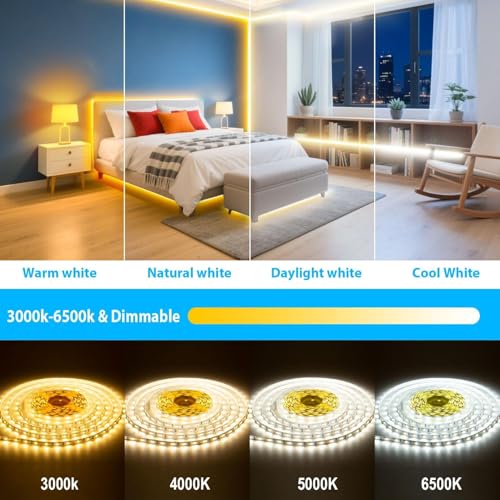 Image of 66FT White LED Strip Lights 3000K-6500K Dimmable, Smart Strip Light Alexa Compatible, 24V WiFi Flexible Tape LED with APP & RF Remote, Cabinet Lighting Self-Adhesive for Room, Kitchen