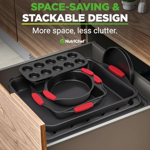 Image of NutriChef 10-Piece Nonstick Kitchen Oven Baking Pans - Premium & Stylish Non-Stick Carbon Steel - Commercial Grade Restaurant Quality Metal Bakeware with Silicone Handles - Easy to Clean, NCSBS10S