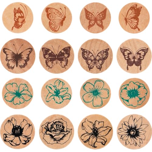 Syrvnto 16 Piezas Sellos de Madera con Diseños de Mariposas y Flores Sellos de Goma de Madera para Manualidades, DIY Scrapbooking y Tarjetas, Incluye Tampón de Tinta Negra