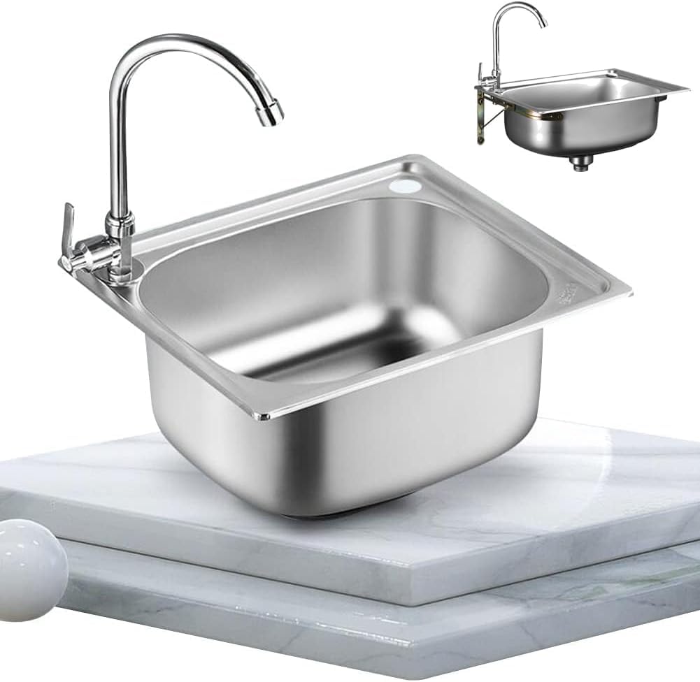 Fregadero de cocina pequeño, fregadero de acero inoxidable de un solo recipiente, caravana, para montaje bajo techo y montaje empotrado, escurridor reversible con clips para tuberías de desagüe