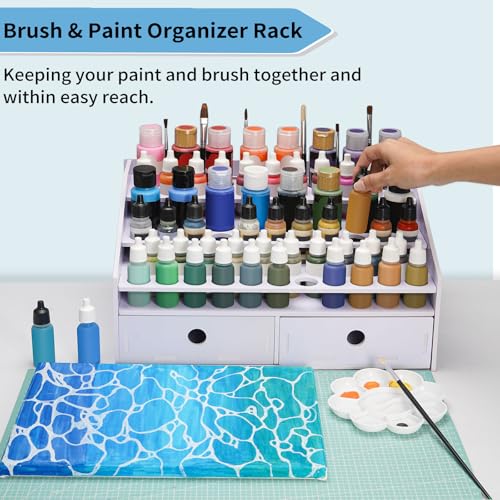 Image of Krafetto Miniatures Paint & Paintbrush Storage Organizer Rack, Craft Paints Holder with Drawer, 43 Holes for Model Paint, 16 Holes for 2 oz Paints, 22 Holes for Brush
