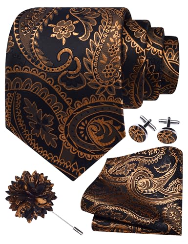 Image of GUSLESON Paisley Tie Set for Men 3.15 inch Necktie Lapel Pin Hankerchief Cufflinks Set for Men