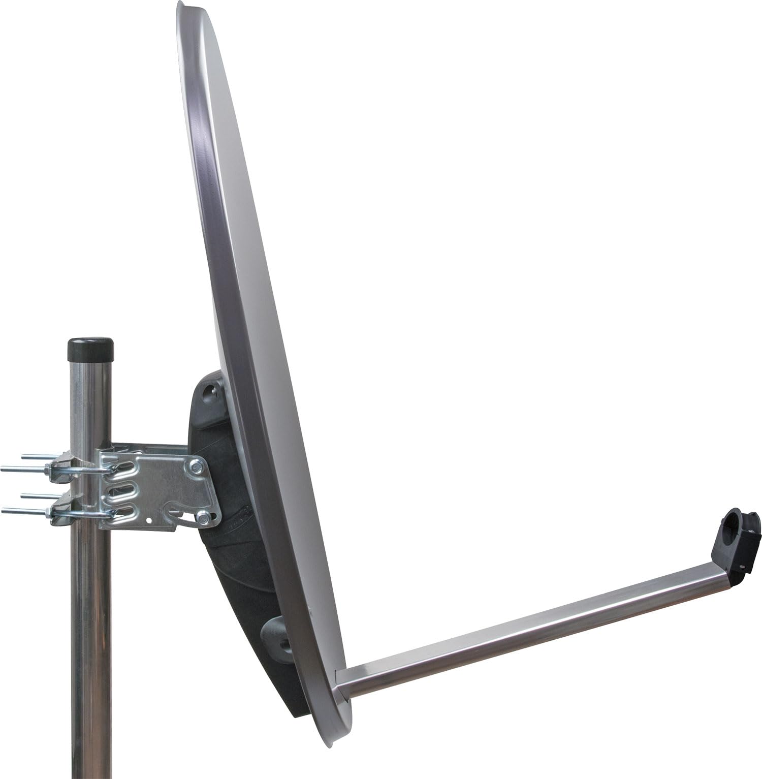 Antena para televisión digital vía satélite Schwaiger 714166 (75 x 85 cm) con brazo de carga LNB y mástil, antracita, espejo de acero – para recepción de DVB-S/S2 en Full HD, 3D y 4K (Ultra HD)