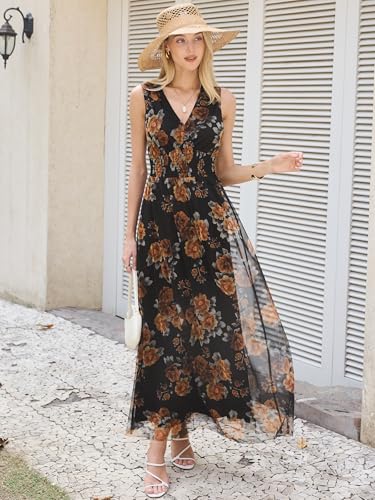 Image of ANRABESS Women's Floral Tulle Wedding Guest Maxi Dress | V Neck Sleeveless,A-Line Elastic Waist,Casual Flowy Formal Boho,Bridal Shower Garden Party Beach Vacation,Summer Fall