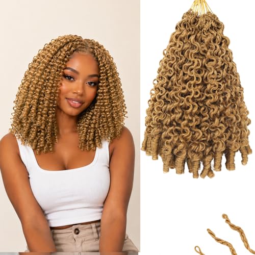 New Burmese Curly Crochet Hair Honey Blonde Pre-Looped 14 Inch 8 packs K-ThermSilk Fiber Soft Like Human Hair Curly Crochet Braids Extensions for Black Women (14 Inch 27#)