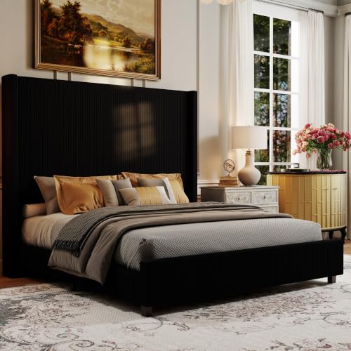 Ihanherry King Size 65" Tall Headboard Bed Frame with Charging Station, Upholstered Wingback Headboard with Washable Corduroy Cover, Noise Free, Solid Wood Slats & Legs, No Box Spring Needed, Black - image 1