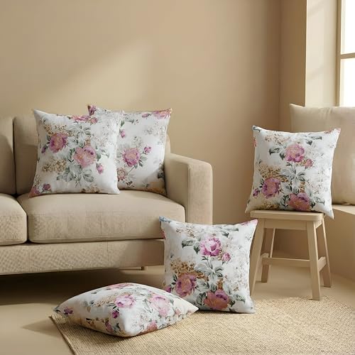 Image of Clasiko Cotton Cushion Covers 20x20 - Set of 5 Decorative Cushion Covers, Rosette Royal, Soft Cotton, Hidden Zip, Sofa & Bedroom Decor