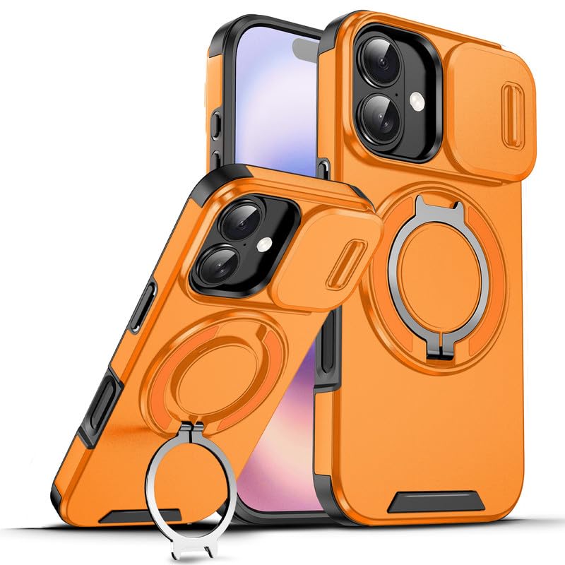 Image of LuxuryKase Shockproof Rugged Case for iPhone 17 | Slide Camera Cover | 360 Rotating Ring Kickstand | Military-Grade Protection - Sunset Orange