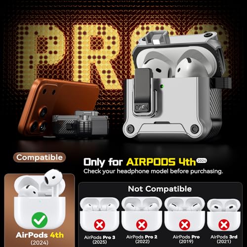 Image of Inesore for AirPods 4 Case with Secure Lock (Silver) | Phone Stand Design,Compatible with MagSafe,Automatic Snap Switch Secure Cover with Cleaner Kit & Keychain