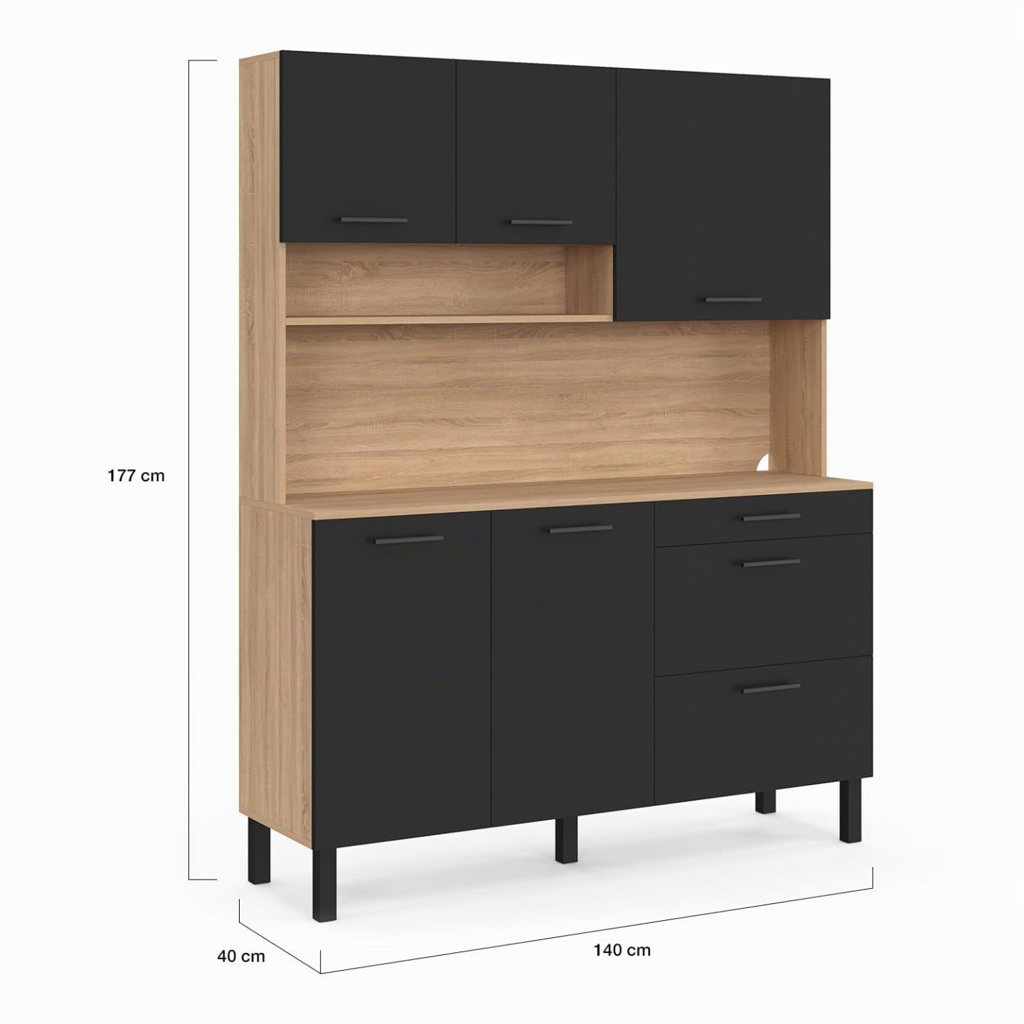 IDMarket - Buffet casserolier de Cuisine 140 cm CINA façon hêtre et Noir | Avec 5 portes + 3 tiroirs