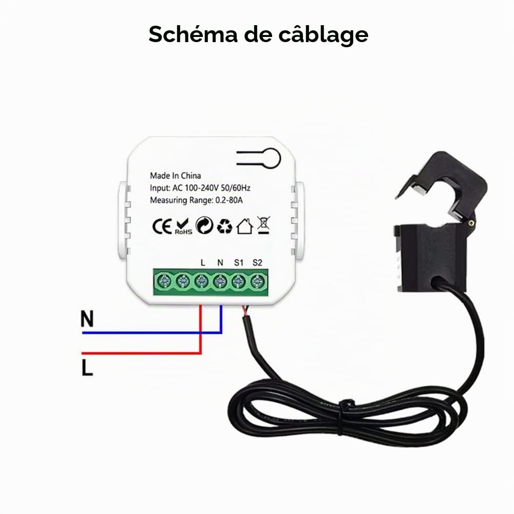 Tuya Smart Life ZigBee Compteur D'éNergie 80A avec Pince de Transformateur de Courant KWh Moniteur de Puissance Statistiques D'éLectricité110V 240V