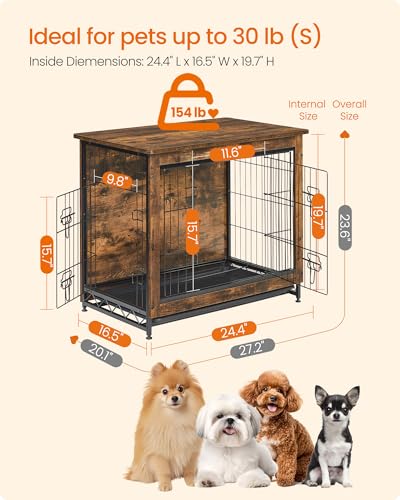 Feandrea Hundekäfig Möbel Beistelltisch Moderne Hundehütte für Hunde Indoor bis 13.6 kg Schwerlast Hundekäfig mit Mehrzweck Abnehmbarem Tablett Doppeltür Hundehaus Rustikales Braun UPFC001X01