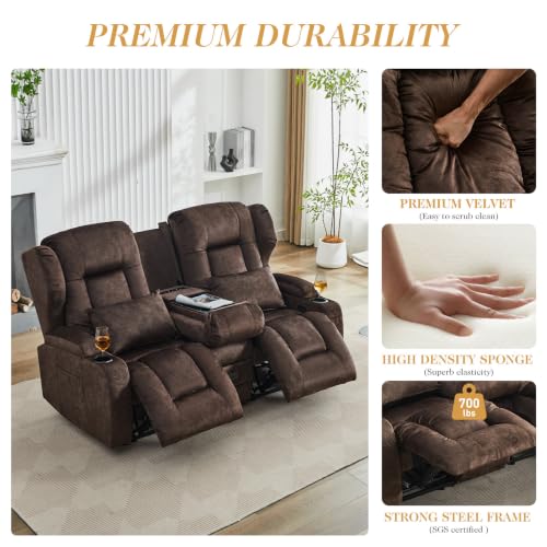 Image of Loveseat Recliner Sofa with Flip-up Console,RV Wall Hugger Recliners for Small Spaces,Reclining Loveseat Sofa Recliner with Cup Holders /Lumbar Pillows,RV Furniture (Brown, 68 inch 2-Seater)