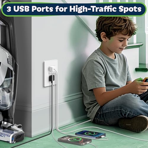 Image of TOPGREENER 4.2A 3-Port Type C USB Outlet, 15 Amp Receptacle Plug, Charging Power Outlet with Dual Type C&A Ports, Screwless Wall Plate Included, UL Listed, TU21542AC2-WSID, White, 10 Pack